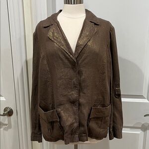 Lafayette 148 98% Linen Jacket Blazer Brown w/ Metallic gold shimmer Size 18